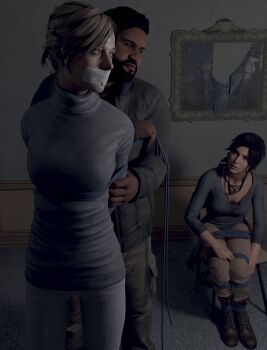1boy 2girls 3d absurdres ana_(tomb_raider) arms_behind_back bdsm blue_eyes bondage bound bound_legs breasts brown_hair chair gag gagged highres improvised_gag jewelry jonah_maiava lara_croft multiple_girls necklace rope sitting skvrwiel tape tape_gag tied_to_chair tomb_raider tomb_raider_(reboot)