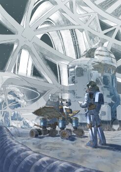 1girl astronaut black_hair blue_theme drone ephe99261012 exoskeleton from_behind hashtag-only_commentary highres holding holding_tablet_pc looking_at_object medium_hair non-humanoid_robot original planetary_ring ponytail robot satellite_dish science_fiction sketch sky solar_panel solo space space_station spacecraft_interior standing star_(sky) starry_sky tablet_pc tree unmanned_ground_vehicle wide_shot