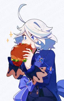 1girl ahoge blue_bow blue_eyes blue_jacket bow burger commentary dani_(danidam) eating english_commentary food furina_(genshin_impact) genshin_impact highres holding holding_burger holding_food jacket long_sleeves no_headwear short_hair solo sparkle upper_body white_hair