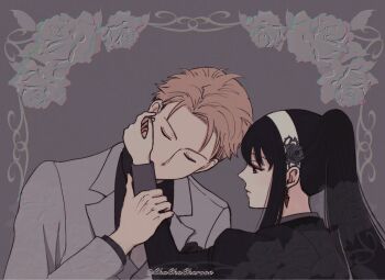 1boy 1girl black_dress black_shirt blonde_hair chachacharoon closed_eyes couple dress earrings flower gold_earrings grey_background grey_jacket hair_flower hair_ornament hairband hetero highres holding_another&#039;s_wrist jacket jewelry juliet_sleeves kissing_arm long_hair long_sleeves looking_at_another ponytail puffy_sleeves shirt short_hair sidelocks spy_x_family suit_jacket twilight_(spy_x_family) twitter_username upper_body white_hairband yor_briar