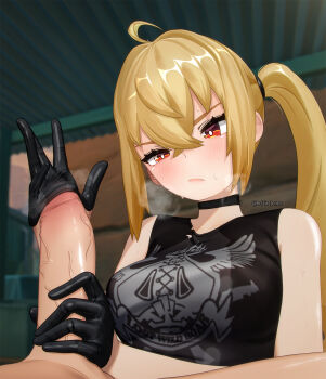 1boy 1girl 3d :/ ahoge black_choker black_shirt blonde_hair blush breasts choker commentary eclairstones english_commentary gloved_handjob gloves handjob highres indoors large_breasts luciana_de_montefio penis penis_in_glove shirt sleeveless sleeveless_shirt steaming_body sweat twitter_username uncensored upper_body zenless_zone_zero