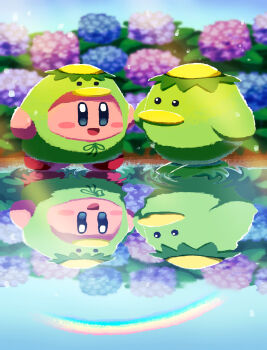 :d aruco_co blue_eyes blue_flower blush_stickers commentary_request day flower highres hydrangea kapar_(kirby) kappa kirby kirby_(series) nintendo no_humans open_mouth outdoors pink_flower rainbow reflection reflective_liquid smile water