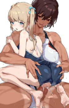 1futa 1girl blonde_hair blue_eyes breasts brown_hair censored competition_school_swimsuit dark_skin futa_with_female futanari hands_on_another's_thighs height_difference highres kei_(m_k) large_breasts long_hair m_k original penis red_eyes rika_(m_k) school_swimsuit sex short_hair simple_background size_difference sweat swimsuit tall tan