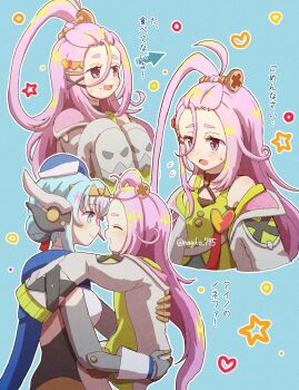 2girls :d :o ^_^ ahoge aino_(genshin_impact) android arrow_(symbol) artist_name bangs_pinned_back black_choker black_dress blue_cape blue_eyes blue_hair blue_hat blush bright_pupils cape choker closed_eyes closed_mouth coat commentary_request double_bun dress eyelashes flying_sweatdrops food food_on_face forehead-to-forehead genshin_impact green_dress hair_bun hair_ornament hairclip halter_dress halterneck hands_up happy hat heads_together heart highres hug huge_ahoge ineffa_(genshin_impact) lab_coat long_hair long_sleeves looking_at_another multiple_girls multiple_views nagiko_795 off_shoulder open_clothes open_coat open_mouth outline pink_hair profile purple_eyes raised_eyebrows ringed_eyes robot_girl screw_hair_ornament short_eyebrows sidelocks sleeves_past_fingers sleeves_past_wrists smile star_(symbol) sweatdrop translation_request twitter_username upper_body very_long_hair white_coat white_hat white_outline white_pupils x_hair_ornament