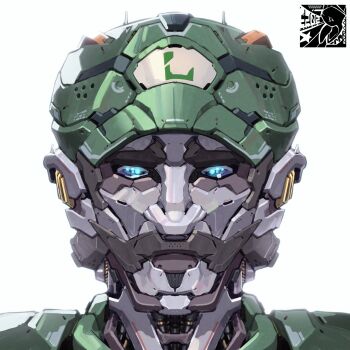 artist_logo blue_eyes commentary english_commentary facial_hair highres logo looking_at_viewer luigi mar10 mario_(series) mecha mechanization mustache nintendo no_humans portrait robot science_fiction solo straight-on white_background