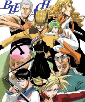 Rule 34 | 3girls, 6+boys, aikawa love, black hair, bleach, blonde hair, bodysuit, braid, braided ponytail, brown eyes, closed mouth, copyright name, fingerless gloves, formal clothes, freckles, glasses, gloves, goggles, goggles on head, green hair, hair ornament, hairclip, hat, hirako shinji, holding, holding sword, holding weapon, kubo tite, kuna mashiro, kurosaki ichigo, looking at viewer, medium hair, muguruma kensei, multiple boys, multiple girls, official art, ootoribashi roujuurou, orange hair, pink hair, sailor collar, sarugaki hiyori, shikai, short hair, simple background, spiked hair, suit, sword, tank top, teeth, toned, toned male, ushouda hachigen, weapon, white background, yadoumaru lisa, zangetsu (shikai), zanpakutou