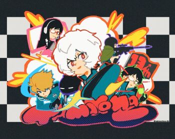 Rule 34 | 1other, 2girls, 3boys, amatori chika, black gloves, black hair, blue eyes, brown hair, cape, commentary request, glasses, gloves, gun, headphones, holding, holding sword, holding weapon, hyuse, kogetsu (world trigger), kuga yuuma, long hair, medium hair, mikumo osamu, mikumo squad's uniform, multiple boys, multiple girls, nekouchuu jin, red eyes, replica (world trigger), rifle, robot, scorpion (world trigger), smile, sniper rifle, sword, thighs, trion cubes (world trigger), twitter username, usami shiori, weapon, white hair, world trigger