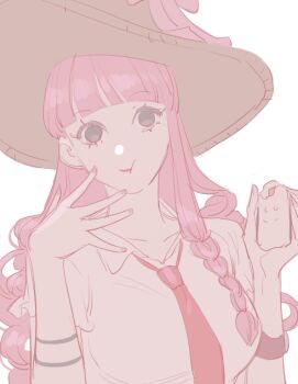1girl blunt_bangs collared_shirt drill_hair eating hat long_hair looking_at_viewer necktie one_piece perona pink_hair raine_(acke2445) shirt simple_background solo upper_body watch white_background wristwatch