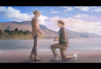 1boy 1girl annie_leonhart armin_arlert beach black_border blonde_hair border box breasts brown_pantyhose brown_shoes couple full_body grey_pants grey_sweater hair_bun hetero holding holding_box hood hood_down hoodie jacket jacket_over_hoodie jorlerx letterboxed looking_at_another marriage_proposal medium_breasts medium_hair on_one_knee outdoors pants pantyhose parted_bangs pink_jacket ring_box shingeki_no_kyojin shirt shirt_under_sweater shoes short_hair smile sneakers sweater updo white_hoodie white_shirt white_shoes