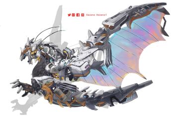 artist_name from_side full_body joints mechanical_wings mechanization monster monster_hunter_(series) no_humans non-humanoid_robot open_mouth profile rathalos robot robot_joints simple_background solo tail white_background wings xezeno