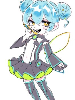 1girl black_thighhighs blue_hair breasts bright_pupils character_request commentary_request copyright_request cowboy_shot crossed_bangs detached_sleeves double-parted_bangs double_bun facial_mark hair_between_eyes hair_bun hair_ornament headset heart heart_facial_mark highres holding holding_microphone loli long_sleeves looking_at_viewer microphone navel okubatomaeba open_mouth revealing_clothes short_hair simple_background small_breasts smile solo thighhighs white_background white_pupils yellow_eyes