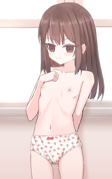 1girl arm_behind_back blush bow bow_panties breasts brown_eyes brown_hair closed_mouth collarbone cowboy_shot food_print fruit_print hand_on_own_chest hand_up heart heart_print indoors loli long_hair navel nipples original panties print_panties red_bow shooko small_breasts smile solo standing strawberry_print strawberry_print_panties topless_female underwear underwear_only white_panties window