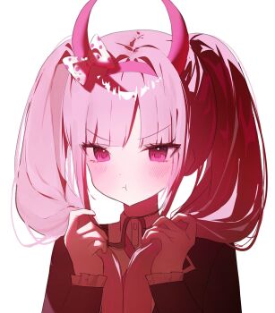 Rule 34 | 1girl, :t, black jacket, blush, bow, closed mouth, danganronpa (series), danganronpa another episode: ultra despair girls, dodong-i, frilled sleeves, frills, hair intakes, hairband, hashtag-only commentary, highres, holding, holding own hair, horn bow, horn ornament, horns, jacket, long hair, long sleeves, pink eyes, pink hair, pink hairband, pink horns, polka dot, polka dot bow, portrait, shirt, simple background, solo, tsurime, twintails, utsugi kotoko, v-shaped eyebrows, white background, white bow, white shirt