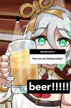 1girl alcohol ascot beer beer_glass cecilia_immergreen cecilia_immergreen_(1st_costume) colored_inner_hair commentary cup doll_joints english_text german_commentary green_eyes green_hair grey_hair highres holding holding_cup hololive hololive_english indoors joints looking_at_viewer multicolored_hair photo-referenced red_ascot short_hair solo streaked_hair translation_request two-tone_hair upper_body virtual_youtuber winding_key zookacchi
