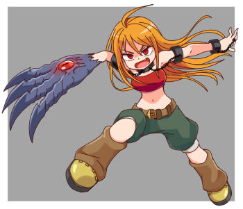 Rule 34 | 1girl, ahoge, baggy shorts, bandeau, belt, black collar, boots, breasts, brown belt, chain, claws, collar, commentary request, cuffs, fang, fantasy suhakdaejeon, full body, galois, green shorts, highres, jewelry, kei (fantasy suhakdaejeon), korean commentary, long hair, medium breasts, midriff, navel, orange hair, red bandeau, red eyes, ring, shackles, shorts, solo, yellow boots