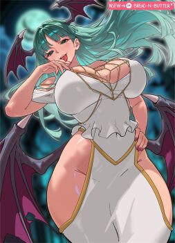 1girl absurdres albedo_(overlord) albedo_(overlord)_(cosplay) blunt_bangs blurry blurry_background blush bread-n-butter breasts commentary cosplay darkstalkers demon_wings dress english_commentary floating_hair full_moon green_eyes green_hair head_wings highres large_breasts licking licking_finger long_hair low_wings moon morrigan_aensland no_panties overlord_(maruyama) smile solo tongue tongue_out white_dress wings