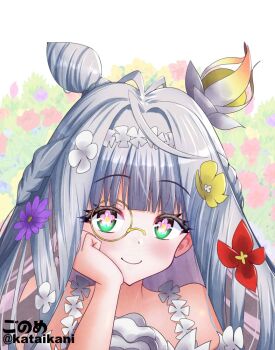 1girl bare_shoulders blush braid breasts commentary_request cone_hair_bun degudoga dress fate/grand_order fate_(series) flora_(fate) flower flower-shaped_pupils flower_hairband green_eyes grey_hair hair_bun hair_flower hair_ornament long_hair monocle sidelocks small_breasts symbol-shaped_pupils white_dress