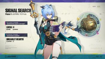 Rule 34 | 1girl, ahoge, animal ears, bare shoulders, blue hair, book, braid, breasts, goat, goat ears, goat girl, goat horns, green eyes, highres, holding, holding book, holding staff, horns, lucia elowen, official art, pointy ears, redesign, short hair, smile, solo, staff, twin braids, yellow eyes, zenless zone zero