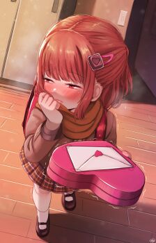 Rule 34 | 1girl, backpack, bag, black shoes, blush, born-to-die, box, box of chocolates, brown coat, brown eyes, brown hair, brown scarf, brown skirt, chocolate hair ornament, coat, embarrassed, envelope, food-themed hair ornament, hair ornament, hairclip, heart, holding, letter, locker, locker room, long sleeves, looking to the side, love letter, mary janes, original, plaid clothes, plaid skirt, scarf, school, school uniform, shoes, short hair, skirt, socks, standing, steam, trembling, valentine, valentine chocolate, white socks