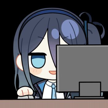 1girl :d animated animated_gif aqua_eyes aqua_necktie aris_(blue_archive) black_jacket blood blood_from_mouth blue_archive blue_hair blue_hairband blue_jacket blush_stickers chibi chunye_haruya collared_shirt computer computer_mouse desk dot_nose hair_between_eyes hairband holding_computer_mouse jacket long_bangs long_hair long_hair_between_eyes lowres monitor multicolored_jacket necktie no_pupils one_side_up open_clothes open_jacket open_mouth school_uniform second-party_source shaded_face shirt simple_background smile solo transparent_background upper_body v-shaped_eyebrows white_jacket white_shirt