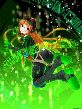 1girl ass black-framed_eyewear black_bodysuit bodysuit breasts floating_hair full_body glasses goggles goggles_on_head green_background grin highres holographic_interface ichigou_miya long_hair looking_at_viewer looking_back orange_hair persona persona_5 purple_eyes sakura_futaba skin_tight small_breasts smile solo typing very_long_hair