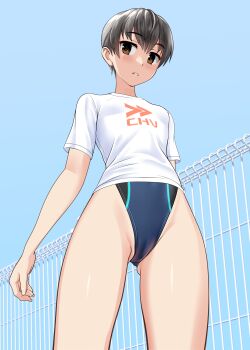 1girl absurdres black_hair blue_background blue_one-piece_swimsuit brown_eyes commentary_request competition_swimsuit covered_navel from_below groin highleg highleg_one-piece_swimsuit highres looking_at_viewer one-piece_swimsuit original parted_lips shirt short_hair solo swimsuit t-shirt takafumi two-tone_swimsuit variant_set white_shirt