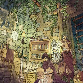 1other 2boys basement black_hair blunt_bangs bookshelf bracelet brown_vest brownie_(dragon_quest) cape commentary_request dragon_quest dragon_quest_v green_hair henry_(dq5) hero_(dq5) highres holding holding_lantern holding_letter ivy jewelry lantern letter long_hair low_ponytail male_focus map multiple_boys multiple_swords note ponytail purple_cape purple_turban rope_ladder sash toriga tunic turban vest world_map