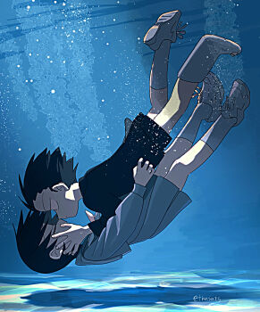 1boy 1girl black_hair cast closed_eyes commentary_request couple full_body hands_on_another's_face highres looking_at_another original school_uniform serafuku short_hair sinking skirt takanashi_atashi underwater