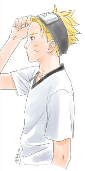 Rule 34 | 1boy, black headband, blonde hair, blue eyes, boruto: naruto next generations, commentary request, facial mark, forehead protector, from side, headband, headband lift, highres, jewelry, konohagakure symbol, male focus, matsu (fu6ide2), naruto (series), necklace, shirt, solo, t-shirt, upper body, uzumaki boruto, whisker markings, white shirt