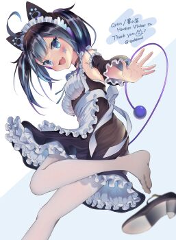 absurdres animal_ears blue_eyes blue_hair cat_ears cat_girl cyan_nyan fang feet gradient_hair highres left_shoe_removed low_angle maid multicolored_hair shoes single_shoe smile tail tattoo twintails unworn_shoe white_legwear