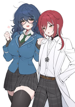 1boy 1girl aoba_tsumugi belt black-framed_eyewear black_pants black_skirt black_sweater black_thighhighs blue_streaks blush breasts brown_belt brown_eyes collared_shirt commentary couple cowboy_shot ensemble_stars! genderswap genderswap_(mtf) green_necktie hair_between_eyes hands_up hetero highres jewelry lab_coat large_breasts layered_sleeves long_sleeves medium_hair multicolored_hair necklace necktie open_mouth orange_eyes pants pentacle plaid_clothes plaid_skirt red_hair sakasaki_natsume school_uniform shirt shirt_tucked_in short_hair_with_long_locks sidelocks simple_background skindentation skirt sleeves_past_wrists streaked_hair sweater taut_clothes taut_shirt thick_thighs thighhighs thighs tsmkwa walking wavy_hair white_background white_shirt white_streaks yumenosaki_school_uniform zettai_ryouiki