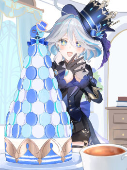 1girl 7go_t :d absurdres ahoge asymmetrical_gloves black_gloves black_shorts blue_eyes blue_hair blue_jacket blush cake cup curtains food furina_(genshin_impact) genshin_impact gloves hair_between_eyes hat heterochromia highres indoors jacket light_blue_hair looking_at_viewer macaron mismatched_gloves multicolored_hair open_mouth revision short_hair shorts sidelocks smile solo sparkling_eyes steepled_fingers streaked_hair tea teacup top_hat two-tone_hair white_gloves white_hair