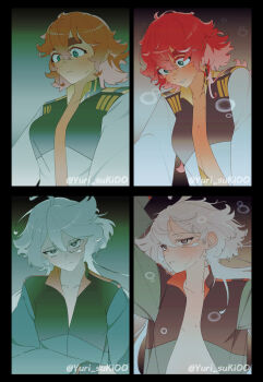 2girls absurdres asticassia_school_uniform blush closed_mouth commentary english_commentary green_jacket grey_eyes gundam gundam_suisei_no_majo heart heart-shaped_pupils highres jacket long_hair looking_at_another miorine_rembran multiple_girls open_clothes open_jacket red_hair school_uniform suletta_mercury sweat symbol-shaped_pupils thick_eyebrows twitter_username white_hair white_jacket yuri yurisuki00