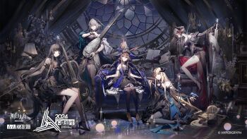 5girls ambience_synesthesia amiya_(arknights) amiya_(medic)_(arknights) amiya_(medic)_(solo_around_the_world)_(arknights) animal_ears arknights black_dress black_hair blonde_hair blue_eyes bow_(music) brown_hair chair couch dress feather_hair hat high_heels highres ho&#039;olheyak_(arknights) ho&#039;olheyak_(carriage_of_the_winds_of_time)_(arknights) horns ines_(arknights) ines_(melodic_flutter)_(arknights) long_hair looking_at_viewer microphone min_(120716) multiple_girls nightingale_(arknights) official_alternate_costume official_art on_couch sitting tail thighs virtuosa_(arknights) wings witch_hat