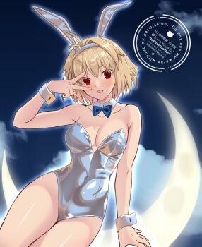 1girl :d ahoge animal_ears arcueid_brunestud blonde_hair blue_bow blue_bowtie blush bow bowtie breasts cleavage commentary_request crescent_moon fake_animal_ears hair_between_eyes hand_on_own_face happy highres hirakawa leotard looking_at_viewer medium_breasts moon open_mouth playboy_bunny short_hair smile thighs tsukihime tsukihime_(remake) v wide_hips wrist_cuffs