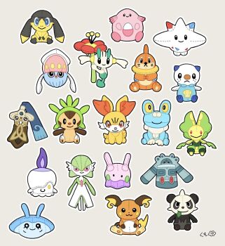 black_eyes blue_eyes bronzong buizel chansey chespin colored_sclera fennekin floette floette_(red_flower) flower froakie gardevoir gen_1_pokemon gen_3_pokemon gen_4_pokemon gen_5_pokemon gen_6_pokemon goomy grey_background helioptile highres honedge inkay kumo_o_o leavanny litwick mantyke nintendo oshawott pancham pink_eyes pokemon pokemon_(creature) raichu red_eyes red_flower signature simple_background smile stuffed_toy togekiss yellow_eyes yellow_sclera
