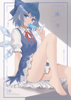 1girl absurdres barefoot blue_bow blue_dress blue_eyes blue_hair bow cirno collared_shirt commentary detached_wings dress eating food hair_bow highres holding holding_food holding_popsicle ice ice_wings looking_at_viewer neck_ribbon pinafore_dress popsicle red_ribbon ribbon shirt short_hair sitting sleeveless sleeveless_dress solo thighs tinatama toes touhou white_shirt wings
