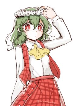 1girl :o arm_up artist_name ascot breasts collared_shirt commentary_request cowboy_shot double-parted_bangs flower green_hair hair_between_eyes head_wreath kazami_yuuka long_sleeves looking_at_viewer medium_hair open_clothes open_mouth open_vest plaid_clothes plaid_skirt plaid_vest red_eyes red_skirt red_vest shirt sidelocks simple_background skirt small_breasts solo tama_(hiroshige_36) touhou twitter_username vest watermark wavy_hair white_background white_flower white_shirt yellow_ascot