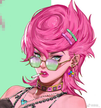 aqua_eyes bare_shoulders black_shirt breasts bright_pupils censored chain chain_necklace chinese_commentary choker cigarette cleavage collarbone commentary_request curly_hair earrings eyelashes eyeliner eyeshadow fass_(weibo_7305677554) flower_earrings glitter glitter_in_hair gold_earrings green_background grey_choker hair_ornament hairclip heart heart_necklace jewelry jojo_no_kimyou_na_bouken lipstick long_hair looking_at_viewer makeup mosaic_censoring mouth_hold multiple_earrings multiple_piercings necklace pink_choker pink_eyeshadow pink_hair pink_lips purple_eyeliner shirt sunglasses teeth thick_eyebrows trish_una two-tone_background two-tone_choker vento_aureo watermark weibo_watermark white_background white_pupils yellow-framed_eyewear