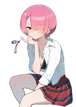 1girl between_legs black_bra blush bra breasts character_charm charm_(object) cleavage closed_mouth collared_shirt commentary_request dress_shirt earrings feet_out_of_frame fingernails hair_ornament hair_over_one_eye hand_between_own_legs hand_on_own_chin highres jewelry long_fingernails looking_at_viewer mashiroshiro medium_breasts one_eye_covered partially_unbuttoned pink_hair plaid_clothes plaid_skirt pleated_skirt ram_(re:zero) re:zero_kara_hajimeru_isekai_seikatsu red_eyes roswaal_l._mathers school_uniform shirt short_hair simple_background sitting skirt sleeves_rolled_up solo underwear white_background white_shirt x_hair_ornament