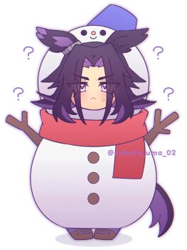 1girl ? absurdres animal_ears black_hair blush closed_mouth commentary_request fenomeno_(umamusume) flipped_hair highres horse_ears horse_girl horse_tail long_hair looking_at_viewer multicolored_hair purple_eyes purple_hair purple_thighhighs red_scarf scarf shoes simple_background snowman snowman_costume tail thighhighs umamusume w3n6e white_background