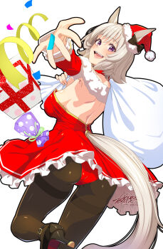1girl alternate_costume animal_ears ass bare_shoulders breasts brown_pantyhose christmas commentary_request curren_chan_(umamusume) detached_sleeves hat highres horse_ears horse_girl horse_tail looking_at_viewer masaki_shino medium_breasts open_mouth pantyhose purple_eyes red_hat red_skirt red_sleeves santa_hat short_hair simple_background skirt smile solo tail umamusume white_background