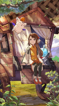 1girl 1other absurdres branch brown_eyes brown_hair clavat commentary english_commentary final_fantasy final_fantasy_crystal_chronicles floating highres leaf long_hair looking_up moogle official_art plant smile tree wagon