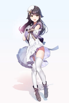 1girl alternate_costume animal_ears ann_(ann58533111) azur_lane black_hair blush bow breasts brown_eyes choukai_(azur_lane) commentary_request full_body gloves hair_between_eyes hair_ornament highres holding holding_microphone idol_clothes large_breasts long_hair looking_at_viewer microphone open_mouth pointing pointing_at_viewer skirt smile solo thighhighs white_gloves white_thighhighs