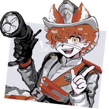 ! 1boy animal_ears bandage_over_one_eye black_gloves border coat curly_hair fangs florian_brand florian_brand_(proposal) fox_boy fox_ears gloves grid_print hat holding holding_weapon identity_v index_finger_raised looking_at_viewer male_focus multicolored_coat official_alternate_costume oishi_ca orange_coat orange_hair single_glove solo two-tone_coat weapon white_border white_coat white_hat yellow_eyes