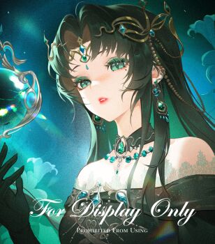 1girl aqua_eyes black_choker black_dress black_gloves black_hair blue_sky chinese_commentary choker circlet colored_inner_hair commentary_request commission dress earrings expressionless eyelashes eyeshadow flower gem gloves gold_circlet green_eyeshadow green_gemstone green_hair infinity_nikki jewelry lace lace-trimmed_dress lace_trim light_particles lily_(flower) lipstick long_hair looking_at_object makeup mole mole_under_eye multicolored_hair night night_sky nikki_(series) object_floating_above_hand off-shoulder_dress off_shoulder orb outdoors parted_lips red_lips sample_watermark single_sidelock sky slit_pupils solo teeth tide_of_tears_(infinity_nikki) two-tone_hair upper_body very_long_hair watermark white_flower youyutiao