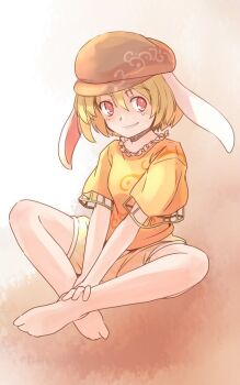 1girl animal_ears blonde_hair blush brown_hat commentary_request floppy_ears full_body gradient_background grin hand_on_own_ankle hat indian_style one-hour_drawing_challenge orange_background orange_shirt rabbit_ears rangycrow red_eyes ringo_(touhou) shirt short_hair short_sleeves shorts sideways_glance sitting smile solo touhou yellow_shorts