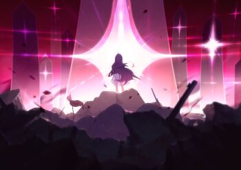 Rule 34 | 1girl, ahoge, bishop (chess), black hair, character request, chess piece, facing away, from behind, game cg, highres, long hair, monolith (object), non-web source, official art, outdoors, pointy ears, red sky, rubble, sky, solo, standing, stella sora, very long hair, wide shot