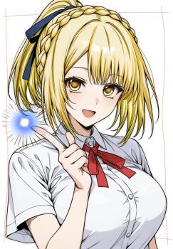 1girl blonde_hair blush braid breasts commentary_request hair_ribbon large_breasts medium_hair nanathuki neck_ribbon nue_no_onmyouji ponytail ribbon school_uniform shirt short_ponytail short_sleeves smile solo suo_kazusa upper_body white_shirt yellow_eyes