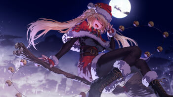 1girl :d ;d absurdres alternate_costume bell belt black_belt black_pantyhose blonde_hair blue_eyes blush boots breasts broom broom_riding capelet christmas city cityscape commentary_request dress fang fingerless_gloves flying full_moon fur-trimmed_boots fur-trimmed_capelet fur-trimmed_dress fur-trimmed_gloves fur-trimmed_headwear fur-trimmed_skirt fur_trim gloves hair_ornament hat heart highres knee_boots lace-up_boots large_breasts long_hair looking_at_viewer moon nail_polish night official_alternate_hairstyle one_eye_closed open_mouth original outdoors pantyhose pom_pom_(clothes) red_capelet red_dress red_gloves red_nails red_skirt santa_costume santa_hat sidesaddle silhouette sitting skirt sky smile solo solo_focus sushispin twintails v very_long_hair witch